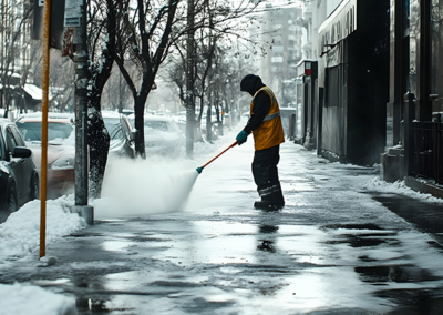 Snow removal and ice melt application on a sidewalk.